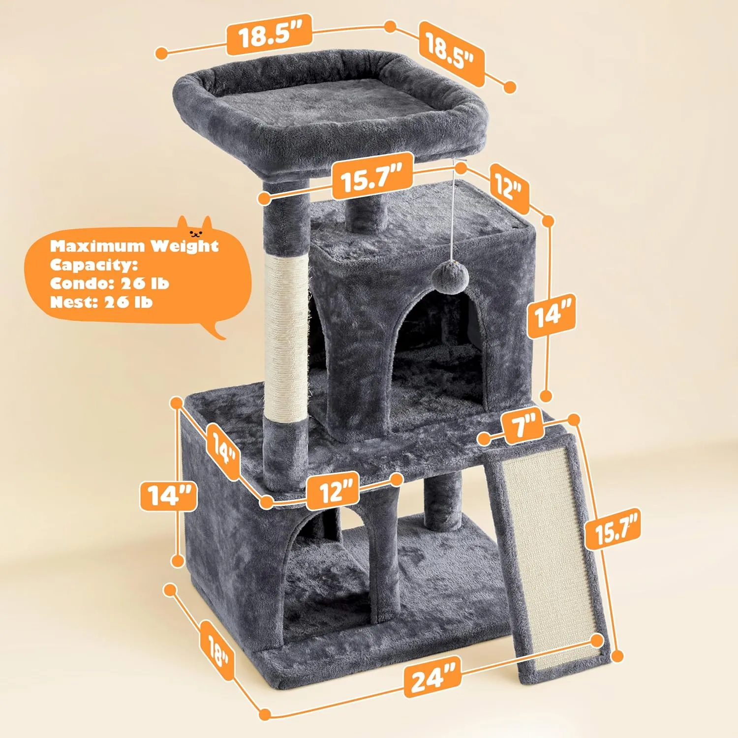 Yaheetech 42in Cat Tree Tower with Scratching Posts, Plush Condo, Ramp & Perch, Multi-Level Climber for Indoor Cats & Kittens, Dark Gray